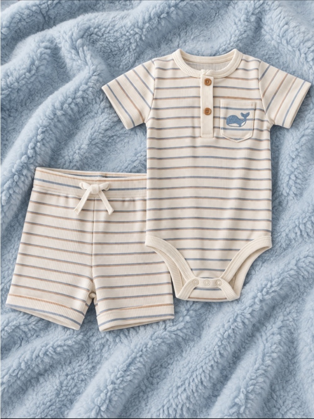 Striped Baby Short Set with Whale Pocket